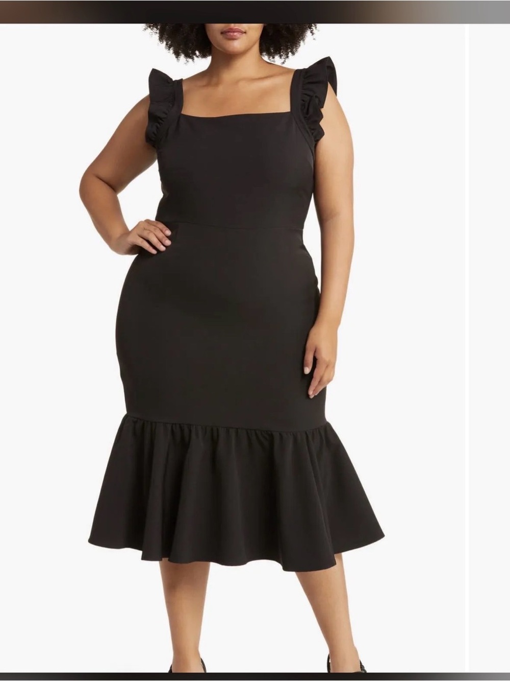 Chelsea28 Black Ruffle-Shoulder Mermaid Midi Dress